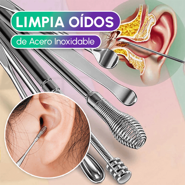 Limpiador de Oídos Profesional de Acero Inoxidable | Kit 6 en 1 Anticerumen Seguro y Reutilizable + Envío GRATIS