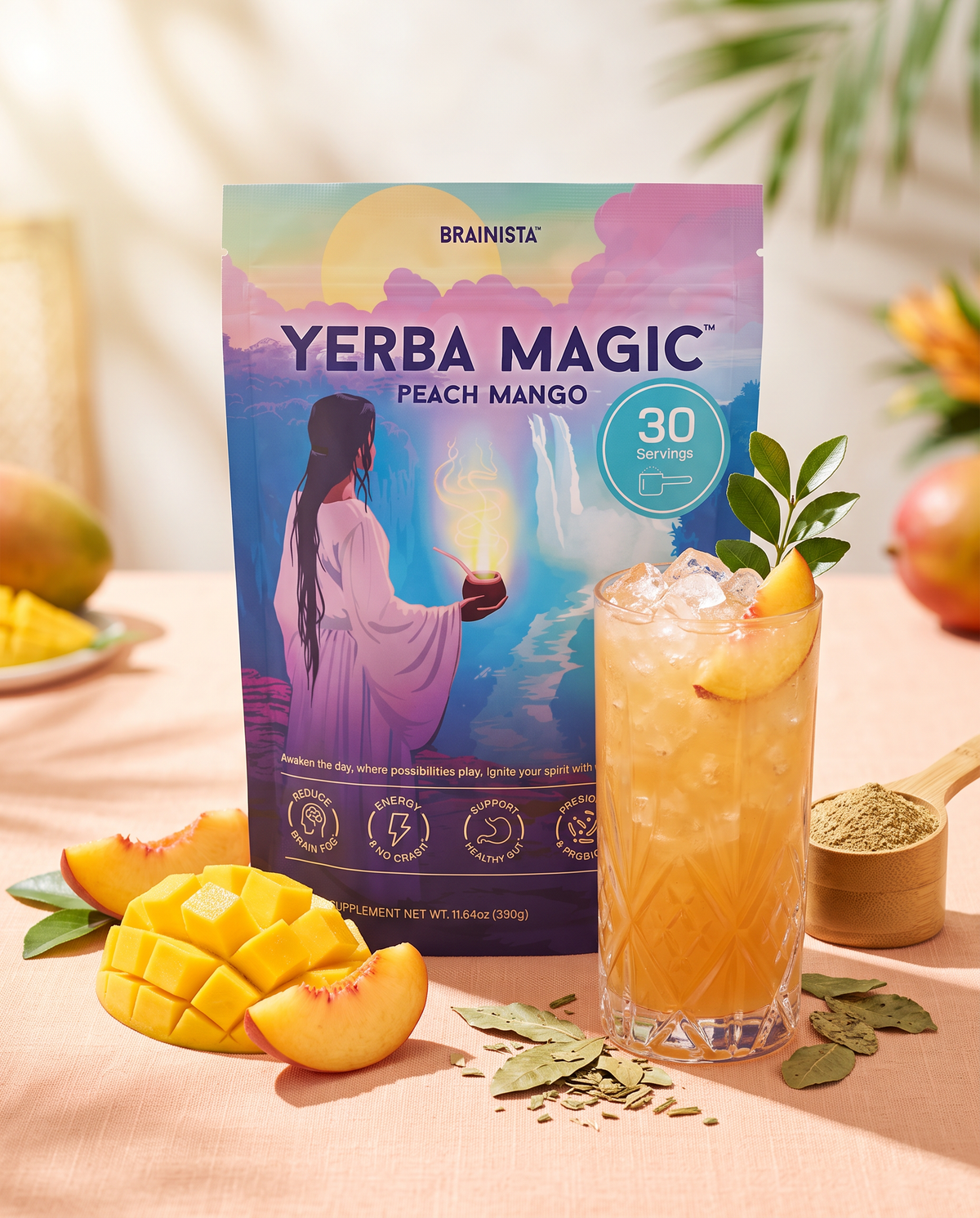 Bebida natural Yerba Magic sabor durazno mango para energía y enfoque