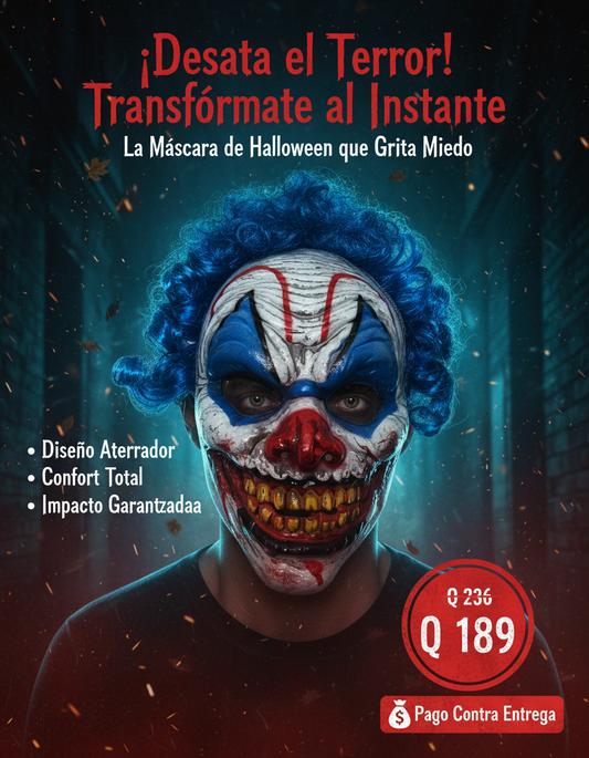 Máscara de Payaso Aterrador Halloween 🎭 | Disfraz con Cabello Azul Realista