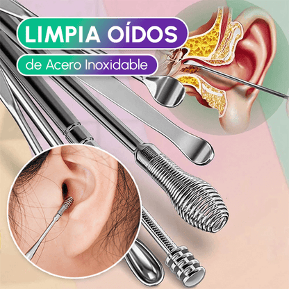 Limpiador de Oídos Profesional de Acero Inoxidable | Kit 6 en 1 Anticerumen Seguro y Reutilizable + Envío GRATIS
