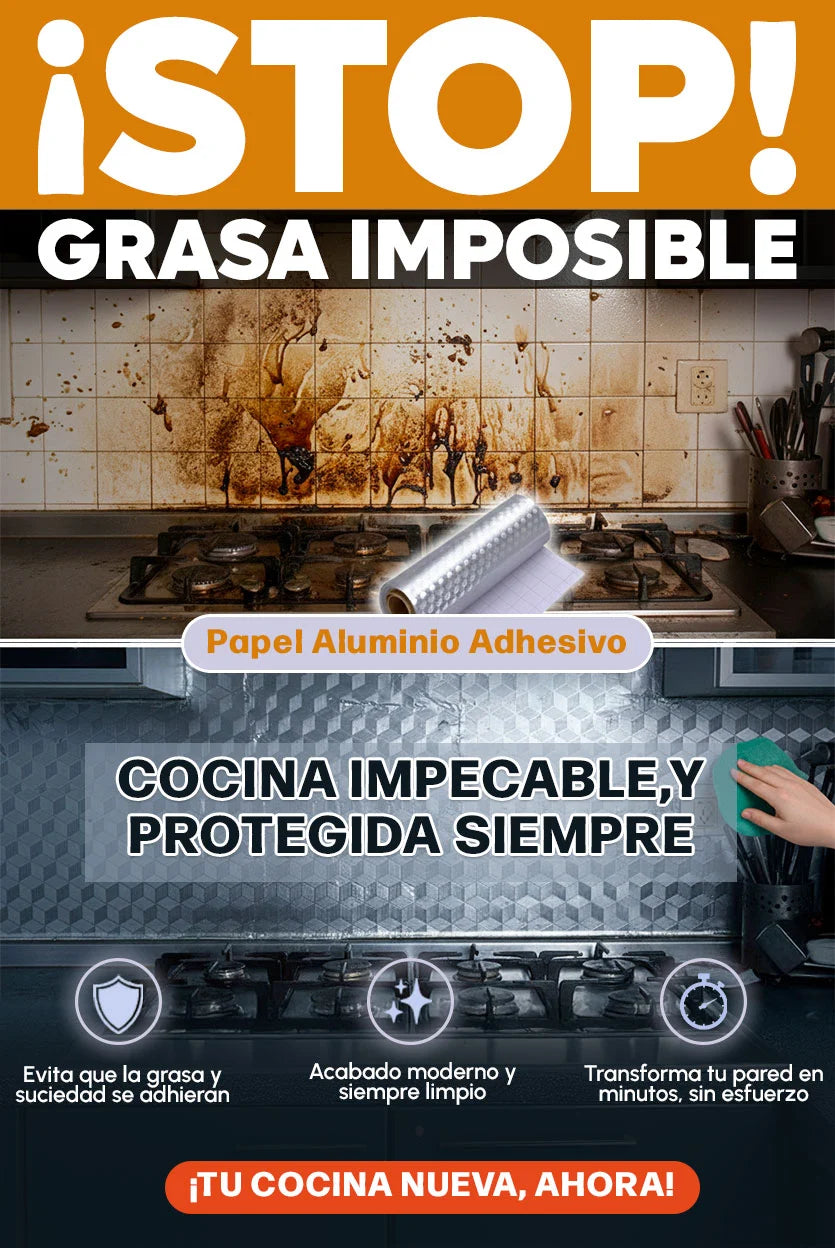 Papel Aluminio Adhesivo Antigrasa para Cocina – Paga 1 y Lleva 2 | Resistente al Calor | Impermeable 4m x 60cm